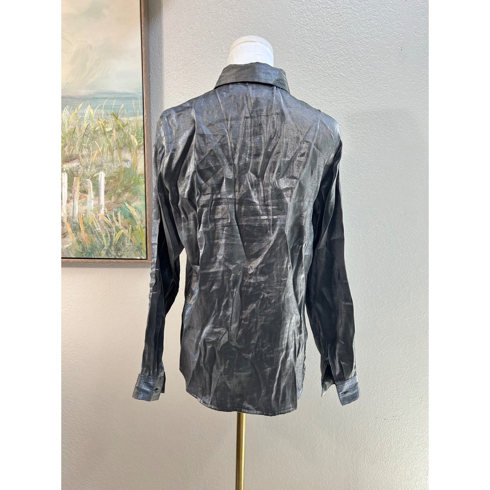 Bentley Metallic Silver Button Up Blouse Y2K Futuristic Disco Shirt L - Picture 3 of 7